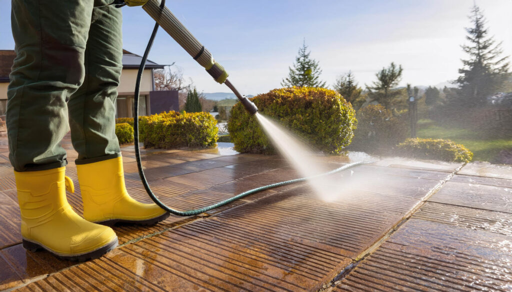 Person Cleaning Tiles outside With Pressure Washer